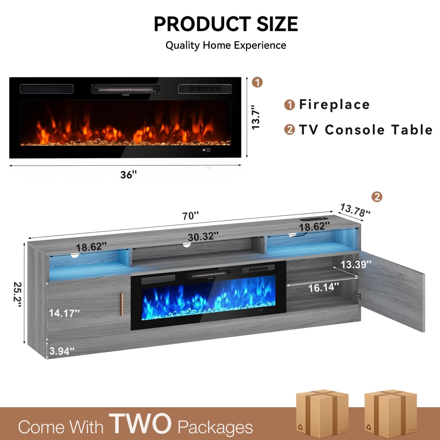 MXV 70" Fireplace TV Stand with Power Outlet for TVs UP to 80", Electric Fireplace Entertainment Center with LED Lights & Storage Cabinets, TV Console for Living Room, Office, Grey-Black