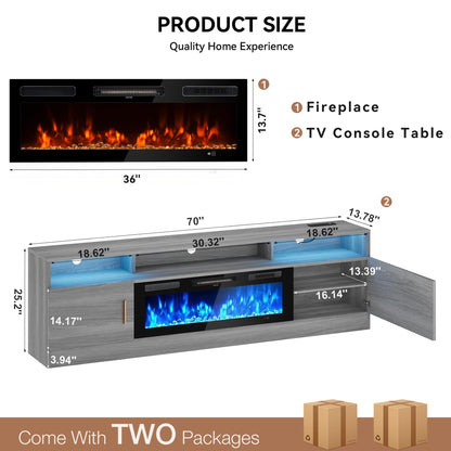 MXV 70" Fireplace TV Stand with Power Outlet for TVs UP to 80", Electric Fireplace Entertainment Center with LED Lights & Storage Cabinets, TV Console for Living Room, Office, Grey-Black