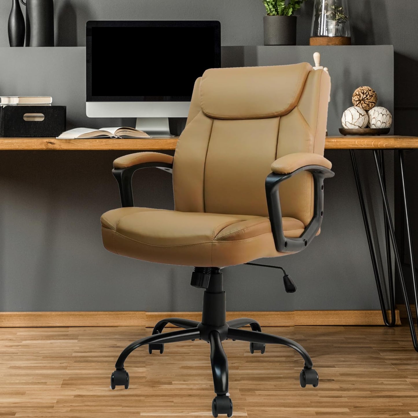 CLATINA Office Chair, Ergonomic Mid-Back Executive Office Chair, PU Leather Desk Chair Swivel Rolling Computer Task Chair with Lumbar Support and Padded Armrests for Home (Brown 4 Pack)