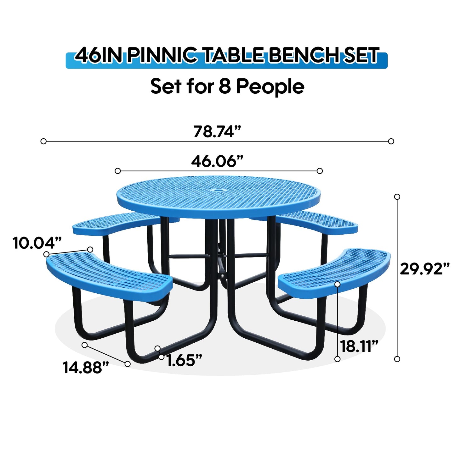 Sunnibety 8-Person Picnic Tables for Outdoors, Industrial 46" Expanded Metal Round Picnic Table with 4 Benches & Umbrella Hole, Outside Table and Bench Set for Park, Garden, Backyard, Patio, Blue