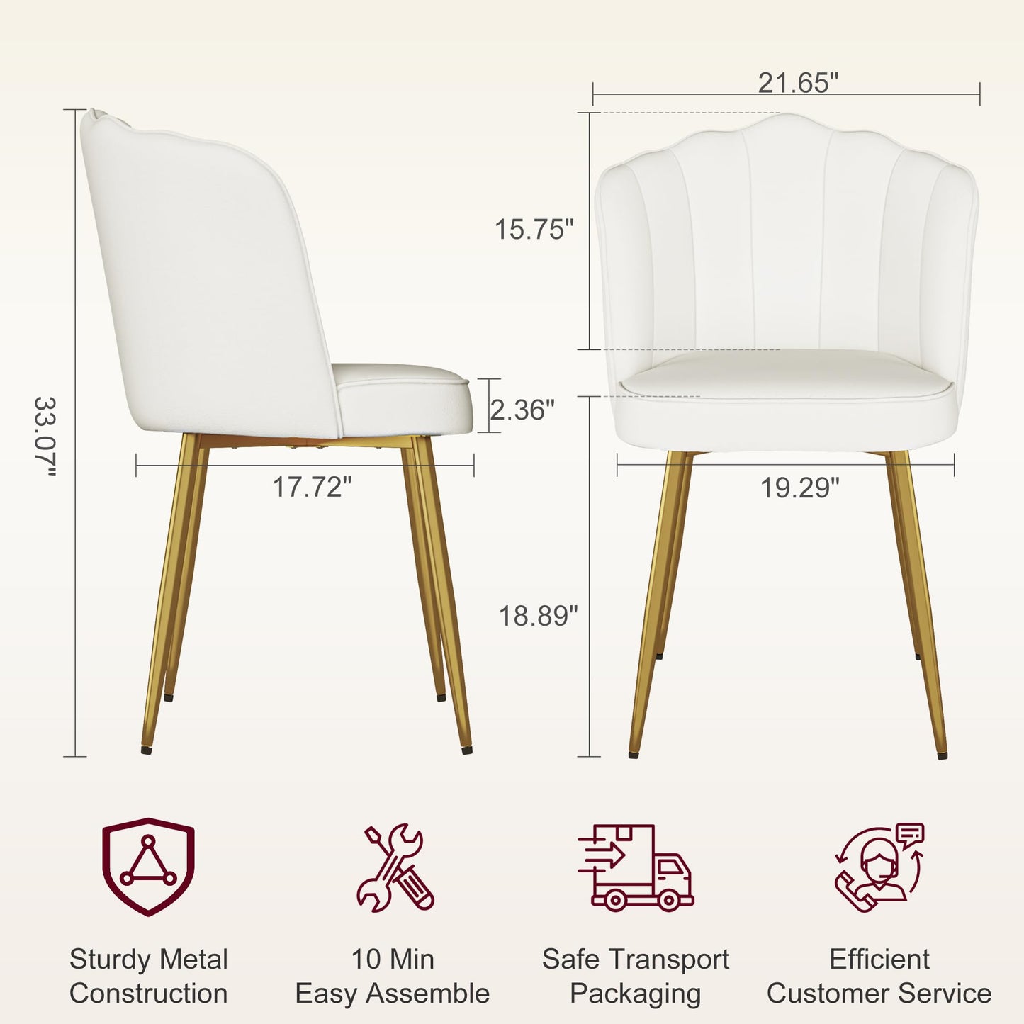 VECELO Velvet Dining Chairs Set of 6, Modern Upholstered Kitchen Chairs with Thick Cushions, Curved Padded Backrest and Metal Legs, for Kitchen, Dining Room, Living Room, White