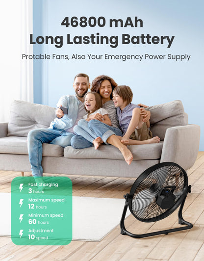Tonree 18" Portable Battery Operated Floor Fan, Hi-Velocity Rechargeable Cordless Fan, USB Phone Charge, 12-60H Runtime, Quiet, Wireless, Hi-Airflow, For Camping Home Gym Patio Outdoor Summer Gazebo