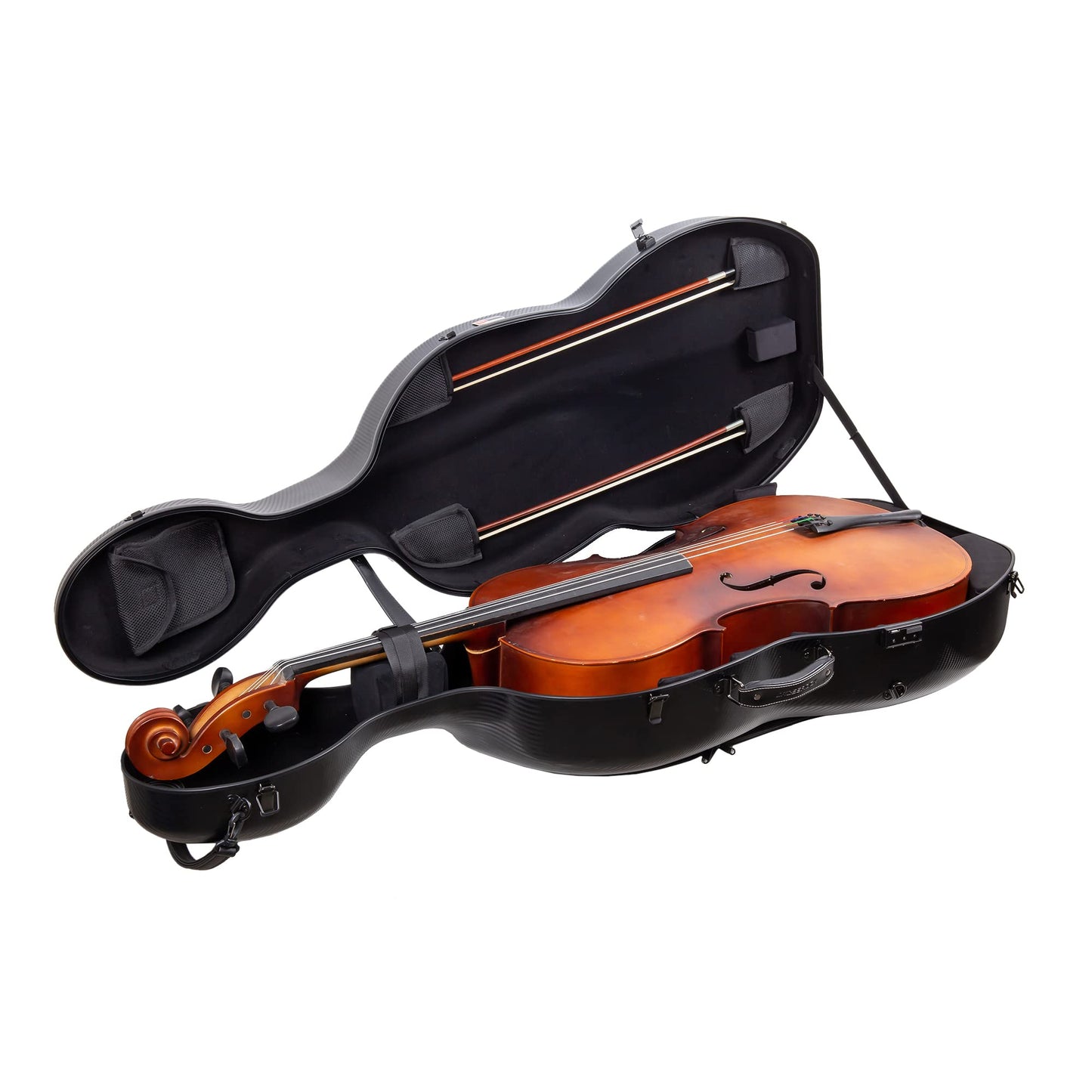 Crossrock Poly Carbon Cello Case for 4/4 Full-Size | Matte Black Finish, Black Velvet Interior, Wheels & Bow Storage – Durable Lightweight Hardshell