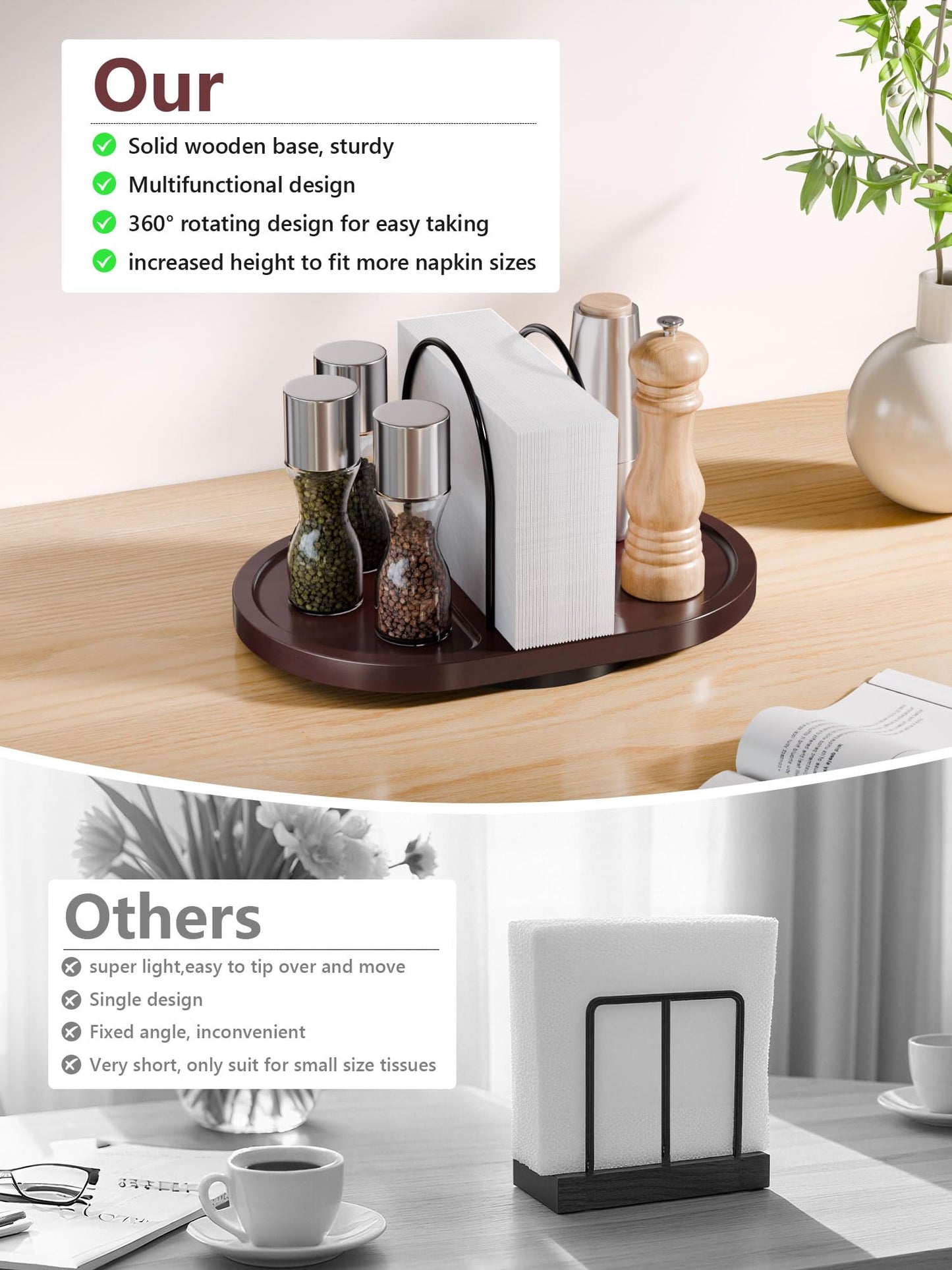 Primo Lines Rotating Napkin Holder for Table with Built-In Space for Salt and Pepper Shakers, Wooden Metal Caddy Rustic Table Organizer with 360 Degree Spin for Kitchen Decor and Accessories (Walnut)