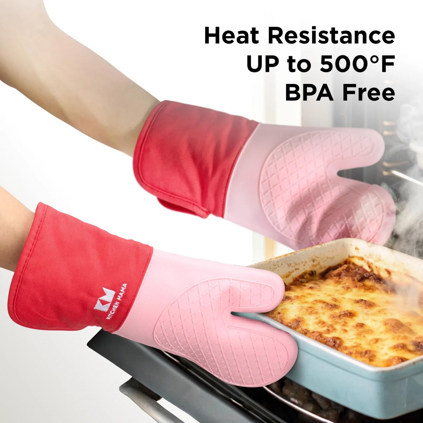 Kitchen Mama UltraShield Silicone Oven Mitts – Heat Resistant, Non-Slip Surface, Durable, Safe, Pot Holders, FlexiblWaterproof Glove Set, Perfect for Cooking, Baking, Grilling, BBQ (Red)