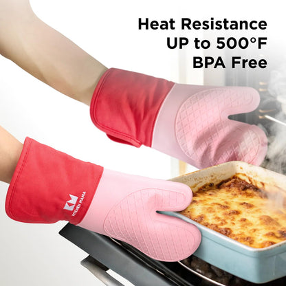 Kitchen Mama UltraShield Silicone Oven Mitts – Heat Resistant, Non-Slip Surface, Durable, Safe, Pot Holders, FlexiblWaterproof Glove Set, Perfect for Cooking, Baking, Grilling, BBQ (Red)