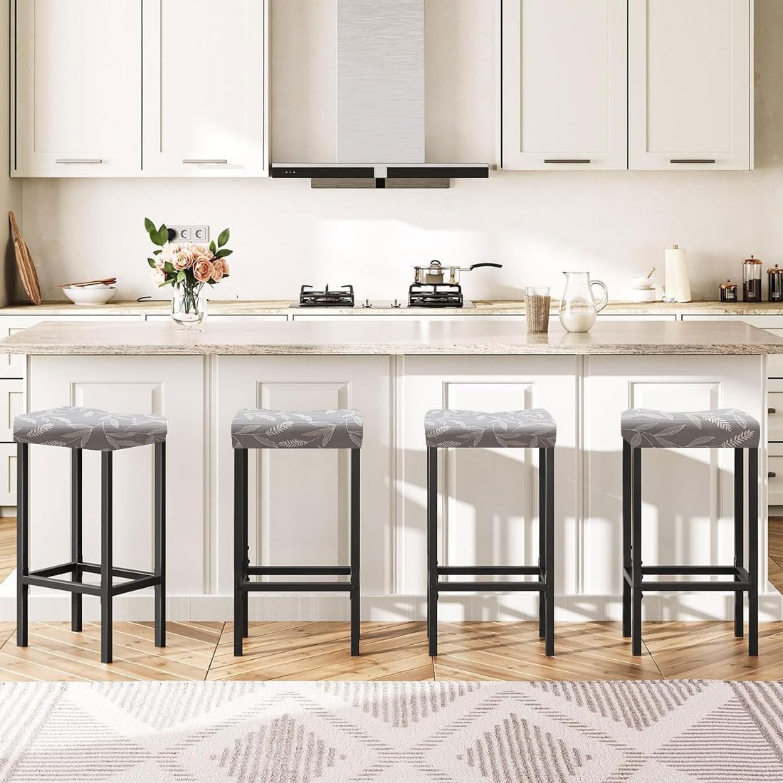 Lussenwert Set 2, 9 Stool Covers Rectangular of Stretch Printed Vanity Stool Covers Washable Saddle Bar Stool Slipcover