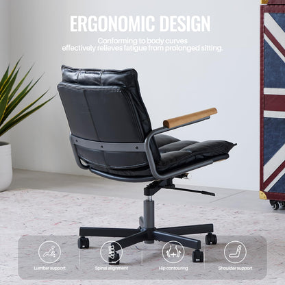 PELLEBAR Home Office Desk Chair, Ergonomic Mid-Century Modern Genuine Leather Chair with Oak Armrest, Executive Rolling Swivel Adjustable Task Armchair for Adults, Black