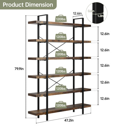 EPLICEMR 6 Tier Bookshelf 2 PCS, 80" H Heavy Duty Bookshelf,120lbs Shelf Capacity, 47" W Wood Industrial Bookshelf, Rustic Open Reinforced Horizontal Shelves for Living Room,Bedroom, Office