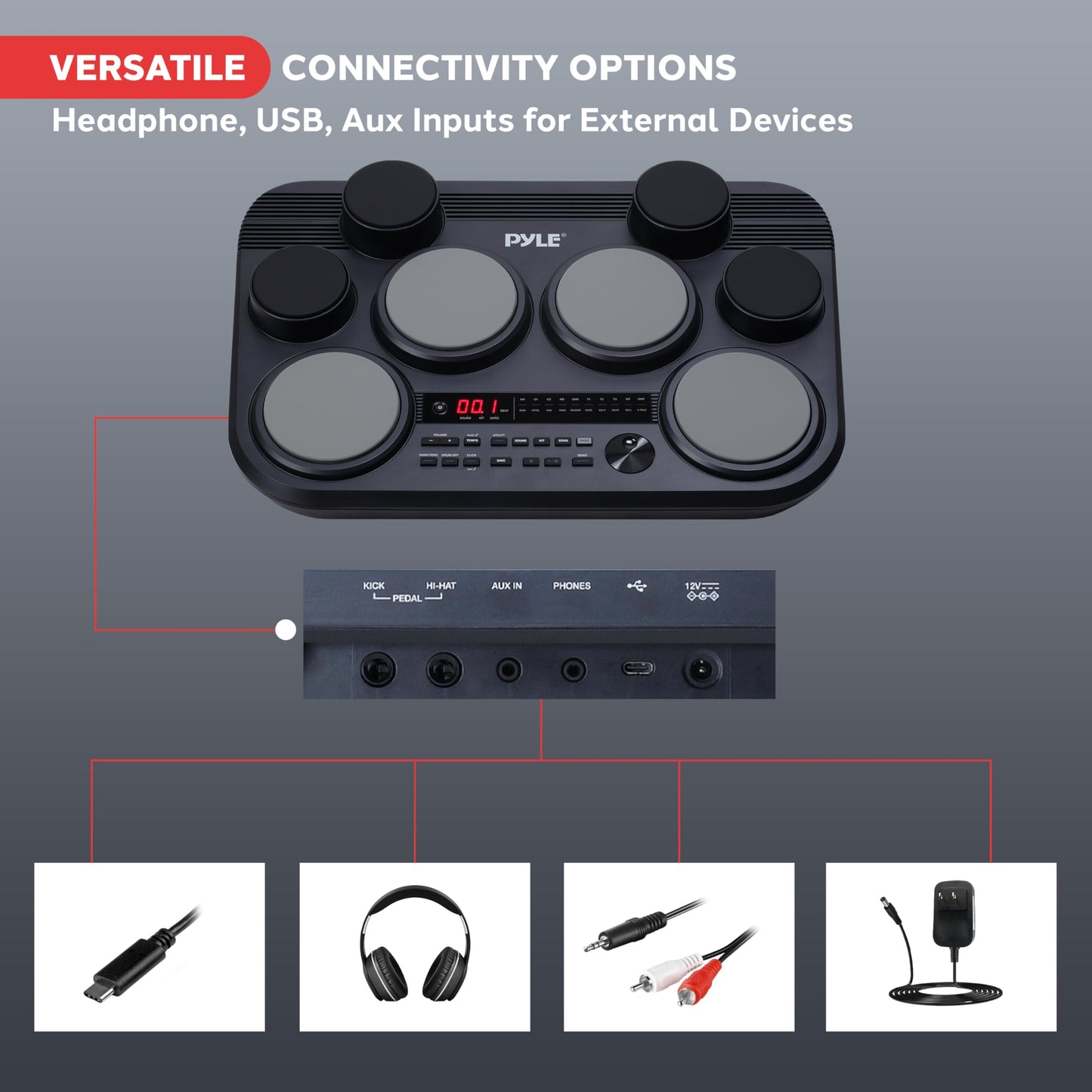 Pyle Electronic Tabletop Drum Pad Set - Compact Portable Drum Kit w/ 8 Touch Sensitive Drum Pads and Pedals, 600 Sounds, USB & Headphone Outputs, MIDI/AUX Inputs - 80 Preloaded Kits (Black)
