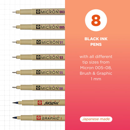 Sakura Pigma Micron, Graphic & Brush Fineline Pens, Archival Black Ink, 8 PK 30067