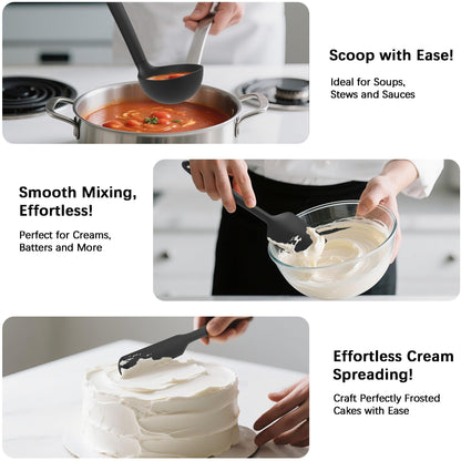 Coukre Silicone Kitchen Cooking Utensils Set with Holder – Heat-Resistant, Food-Grade Kitchen Tools, Spatula, Spoon & Gadgets for Non-Stick Pans, Dishwasher Safe (14, PureBlack)