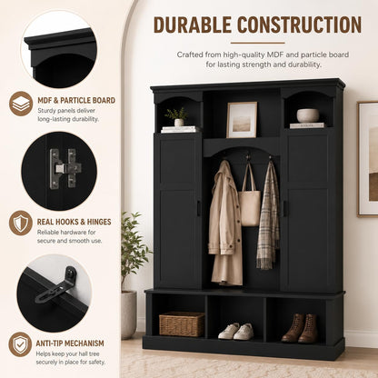 FILWY ON-Trend Modern All-in-One Hall Tree with Adjustable Shelves, Classic Arched Farmhouse Storage Bench with Dual Side Cabinets, Elegant Entryway Organizer with 7 Hooks for Mudroom, Hallway