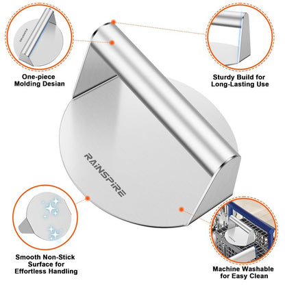 Rainspire Upgraded 304 Stainless Steel Smash Burger Press 5.5 inch Burger Smasher Hamburger Smasher Tool for Griddle, Perfect for BBQ Grill Cooking Gifts for Chef, Silver (6 inch)