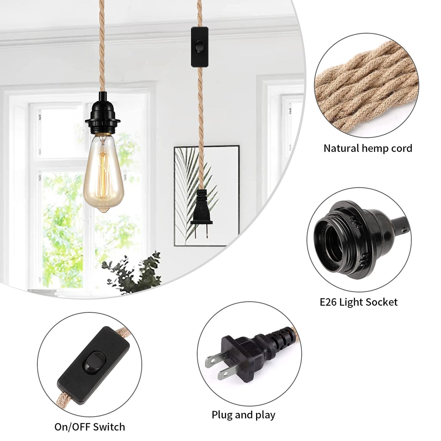 Plug in Pendant Light Cord - 15FT Industrial Hanging Light Kit, Hanging Lights with Plug in Cord With 15FT Hemp Rope, Hanging Lamp Kit with On/Off Switch,E26 E27 Light Socket, Bulb NOT Included