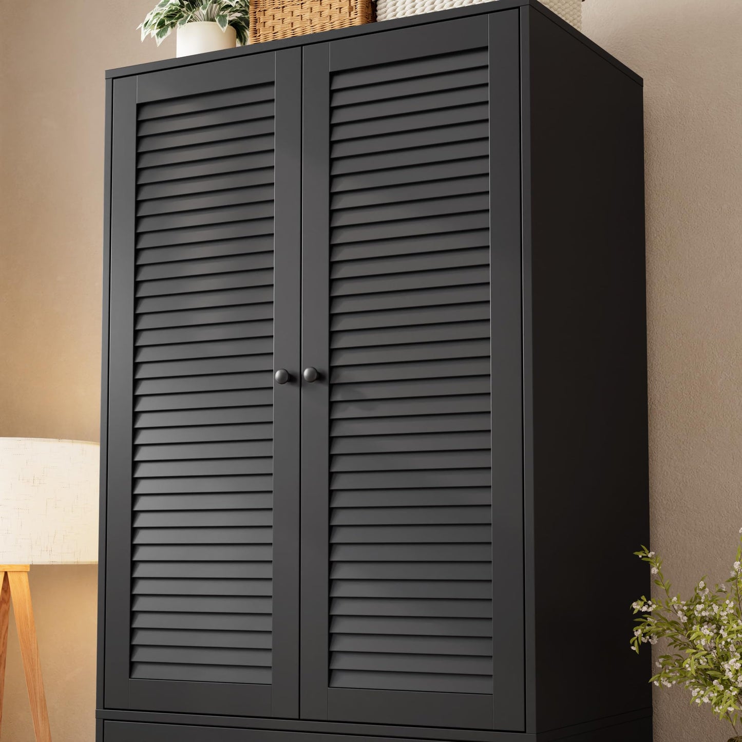 GarveeHome Armoire Wardrobe Closet with 3 Drawers, 69.5" Wooden Wardrobe Cabinet, Hanging Rod, 2 Doors Clothing Storage Cabinet for Bedroom, Large Capacity Storage, Louvered Door, Black