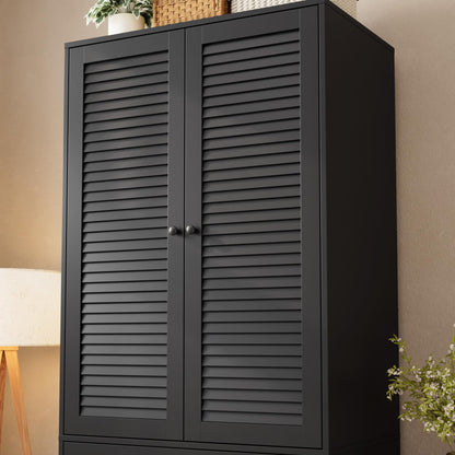GarveeHome Armoire Wardrobe Closet with 3 Drawers, 69.5" Wooden Wardrobe Cabinet, Hanging Rod, 2 Doors Clothing Storage Cabinet for Bedroom, Large Capacity Storage, Louvered Door, Black
