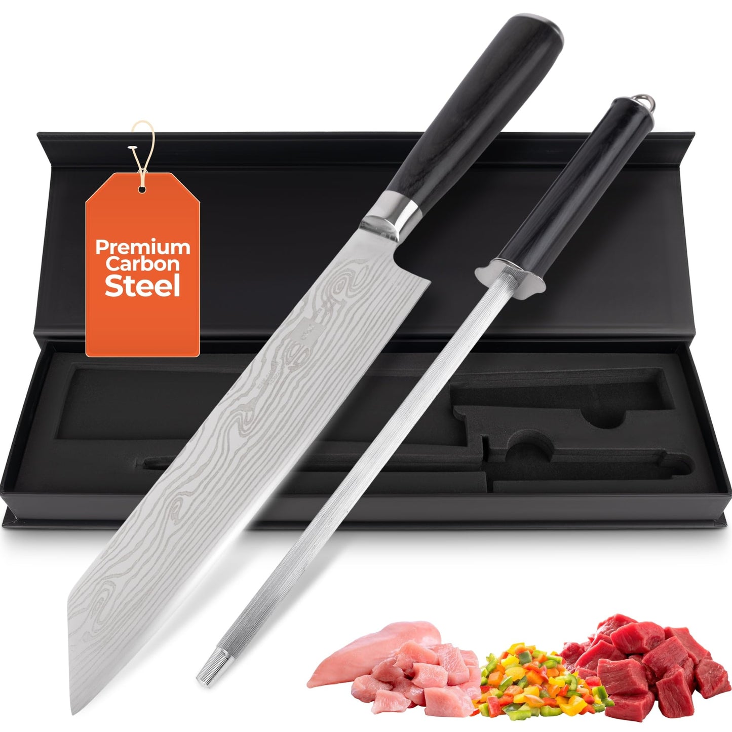 Gidli 8 Inch Chef Knife with Diamond Sharpener - Sharp German Carbon Stainless Steel Kitchen Knife for Precision Cutting - Ergonomic Wooden Handle for Comfortable Slicing and Chopping