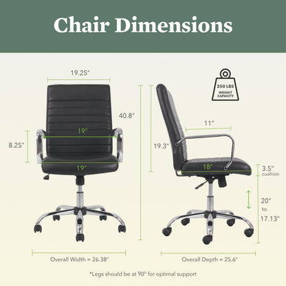 HON Sadie Executive Ergonomic Office Chair with Leather Upholstery, Chrome Arms and Back Support, Mid Back Desk and Computer Chair for Home Office or Conference Room, 360 Swivel, Black