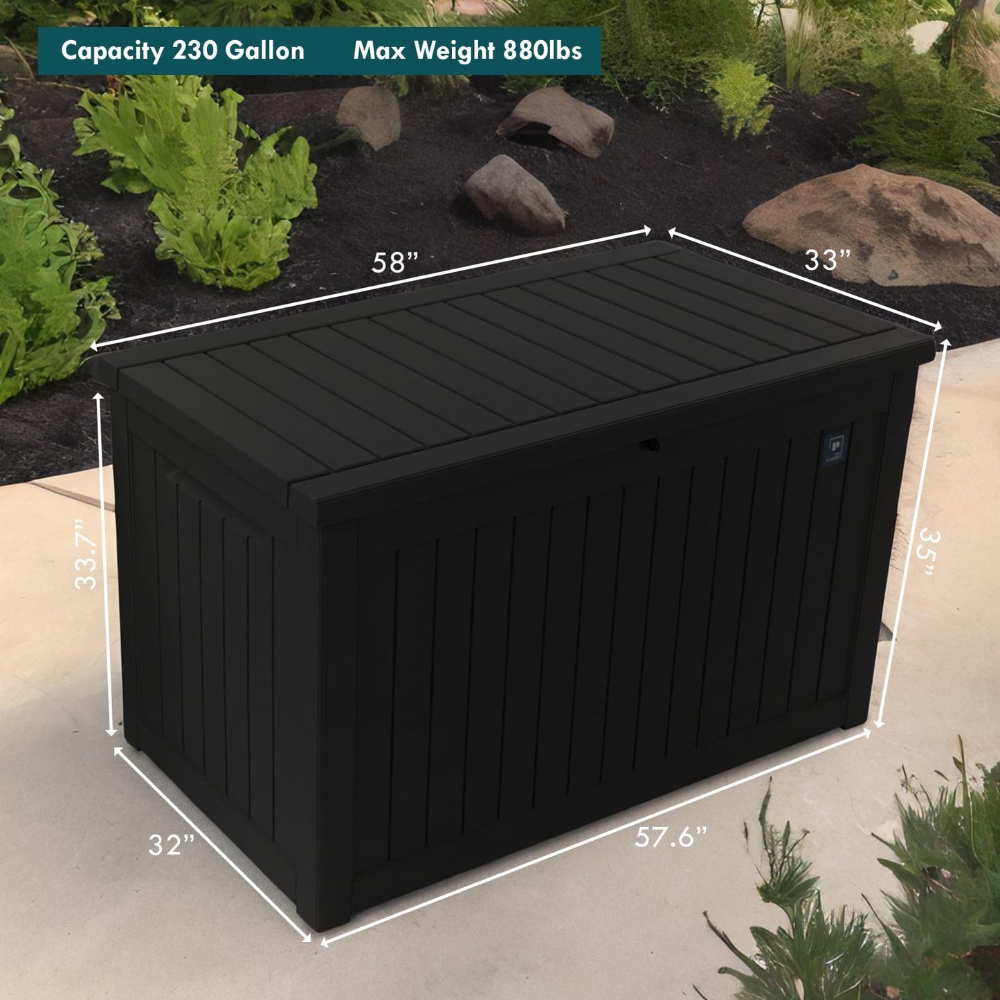 230 Gallon Large Outdoor Storage Box, Durable Deck Boxes Outdoor Waterproof, Resin Waterproof Deck Box for Patio Furniture Outdoor Cushions Garden Tools and Pool Storage (Black, 230 Gallon)