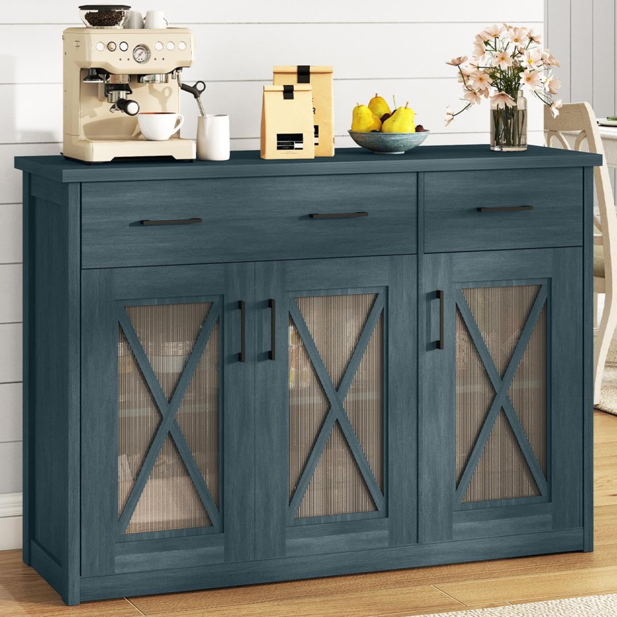 Giantex Farmhouse Buffet Cabinet w/Fluted Glass Doors, 47'' Kitchen Sideboard w/ 2 Drawers & Adjustable Shelves, Rustic Coffee Bar Cabinet w/Anti-Tip Device for Dining Room Living Room (Turquoise,1)