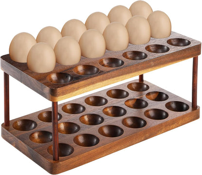 YOUEON Acacia Wooden Egg Holder - Double Layer Egg Tray Holds 36 Fresh Eggs, Rustic Decor for Countertop and
