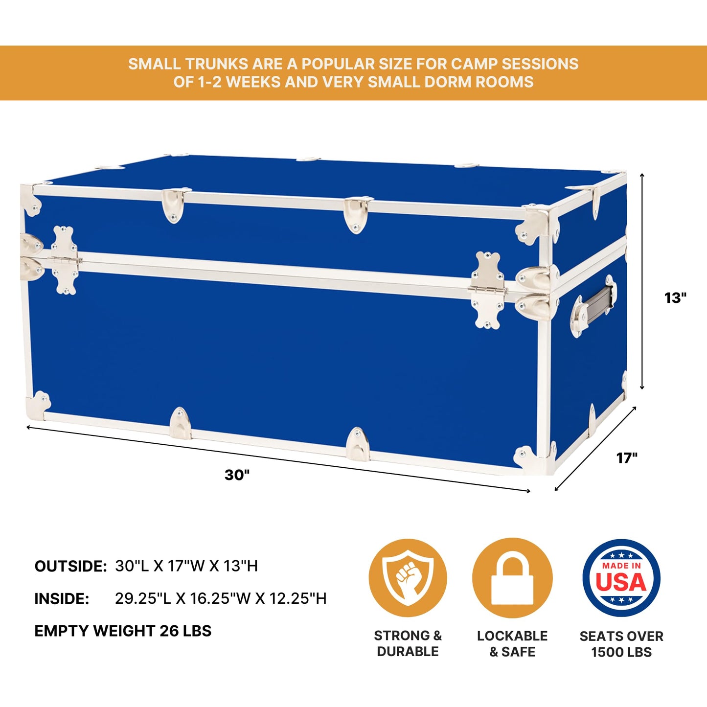 Rhino Trunk & Case Classic Camp & College Trunk with Wheels. 30"x17"x13", 1500+ lbs Capacity - Many Colors, Soft-Close Lid. Strong, USA Made Summer Camp Footlocker and Secure Dorm Storage Chest