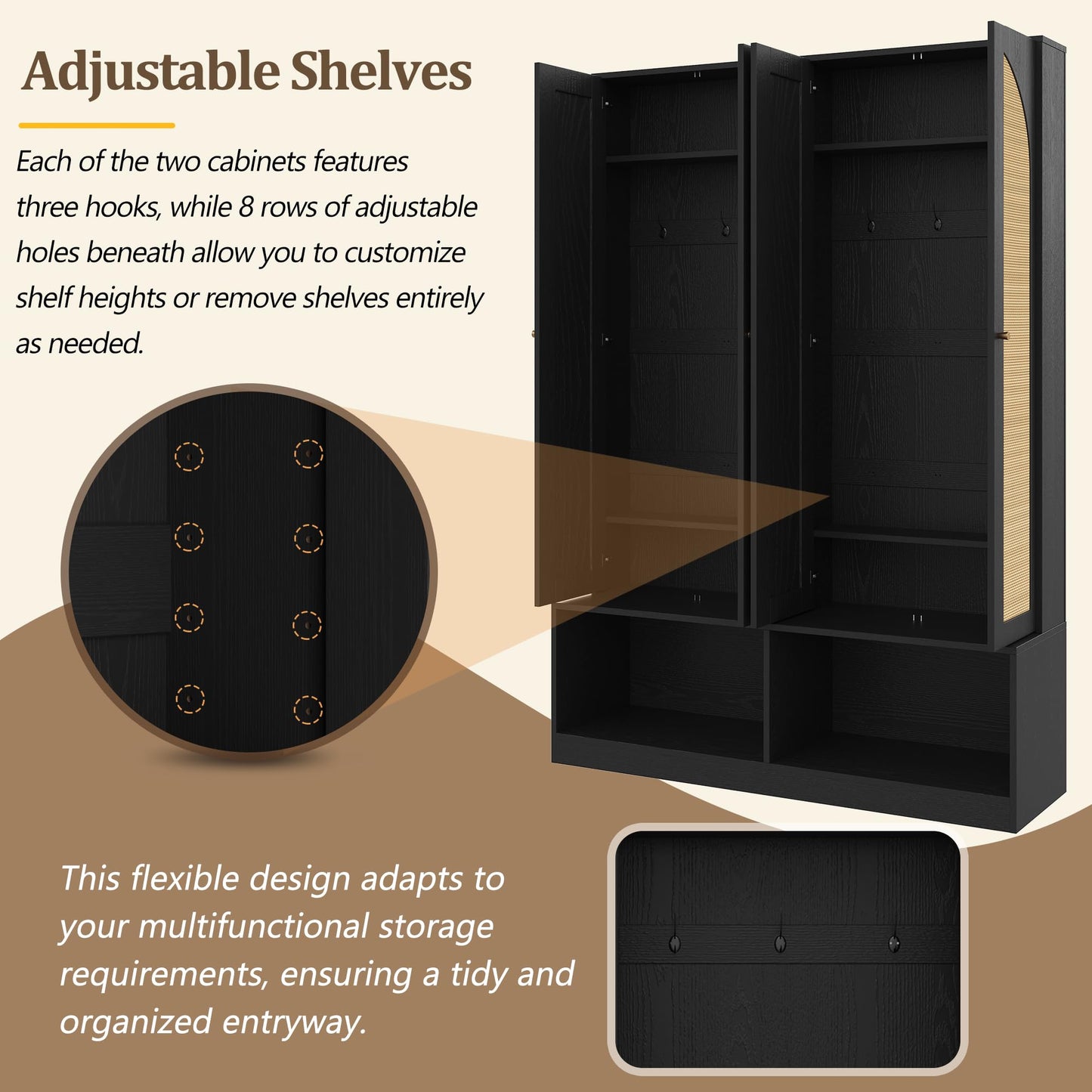 Merax Farmhouse Hall Tree with 4 Rattan Doors & Bench - 55.1" Entryway Shoe Cabinet, 6 Hooks, Adjustable Shelf, Mid-Century Storage for Living Room, Black