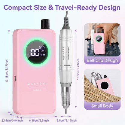 Makartt Nail Drill Professional: 60W 35000RPM Electric Nail File with Coreless Motor, 2 in 1 Desktop & Portable, Drill Bits and LCD Display for Acrylic Gel Nails, Nouvella Pink