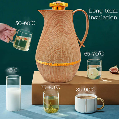 Insulated Thermal Coffee Carafe, 33 oz, Arabic-Style Thermos Flask, Coffee Tea Pot for Hot Cold Water, Wood Color