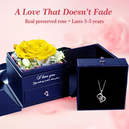 cdco Preserved Real Rose with Heart Necklace – “I Love You” in 100 Languages, Forever Romantic Anniversary Valentines Day Gifts for Her, Women, Wife, Girlfriend
