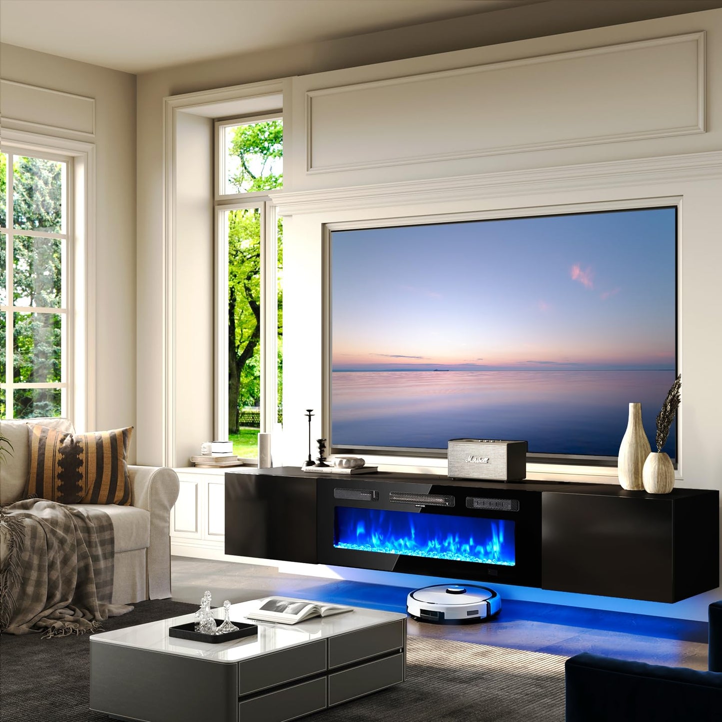 OneBlis 70'' Floating TV Stand with 36" Electric Fireplace, Wall Mounted Entertainment Center with Storage for TVs up to 80", Adjustable 12-Color LED Media TV Console for Living Room,All Black