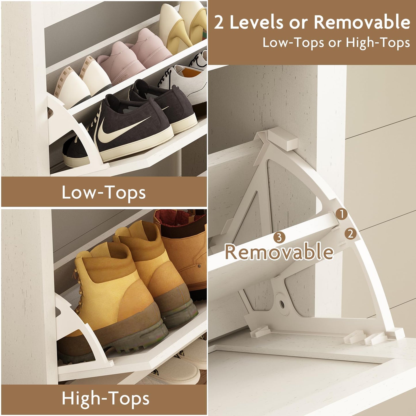 Shoe Organizer Cabinet Storage for Entryway - Slim Rattan Shoe Rack for Front Door Entrance, Narrow Hidden Shoe Cabinet with Flip Drawers, Boho Shoe Holder Cabinet，Two Doors, White, Set of 2
