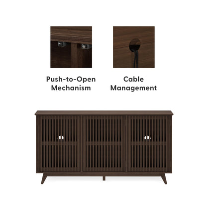 Plank+Beam Mid-Century Modern Wood TV Stand, Three Door Solid Wood Entertainment Console with Storage, 59" L x 16" W x 30" H, Walnut