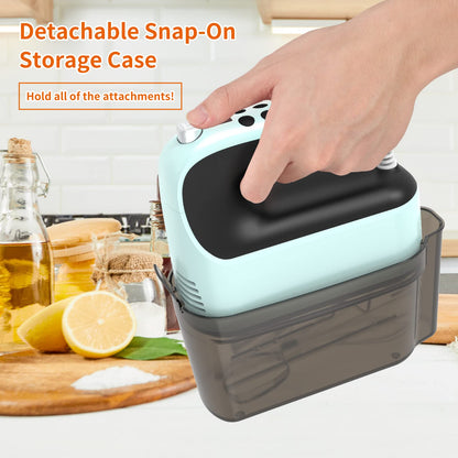 Yomelo 9-Speed Digital Hand Mixer Electric, 400W Powerful DC Motor, Hand Mixer Electric Handheld with Snap-On Storage Case, 5 Stainless Steel Accessories, Beaters, Dough Hooks, Whisk(Ice Blue/Black)