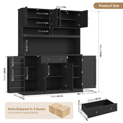 HIFIT 72.8” LED Kitchen Pantry Cabinet with Charging Station, 55” Wide Pantry Storage Cabinet with Large Countertop&Shelves&Drawers, Farmhouse Kitchen Hutch Coffee Bar for Living Room, Black