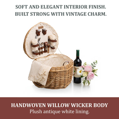 PICNIC TIME Heart Picnic Basket for 2, Wicker Basket with Handle, Complete Deluxe Service for Two, Handwoven and Sturdy Willow Constructed with Fully-lined interior and Accessories, (Antique White)