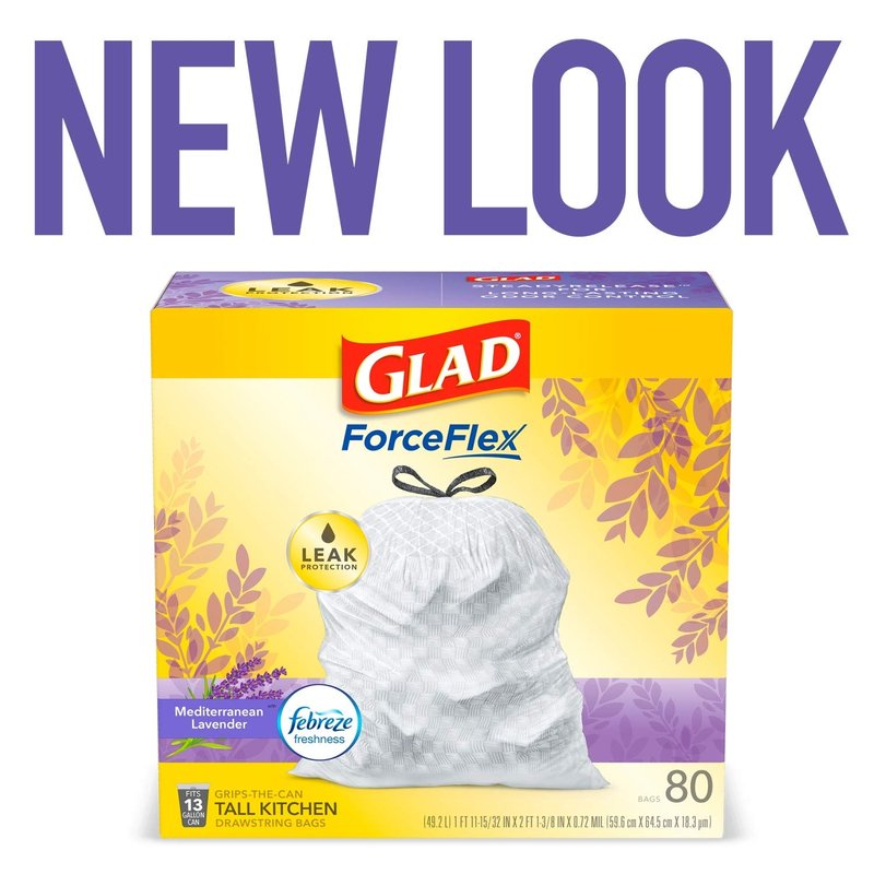 Glad ForceFlex Tall Kitchen Trash Bags, 13 Gallon, Gain Lavender, 80 Count (Package May Vary)