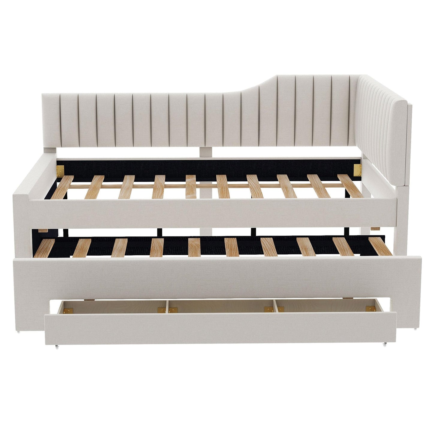 Merax Full Size Upholstered Wood Daybed Extendable Sofa Bed with Trundle and Three Storage Drawers for Living Room Guest Room, Beige