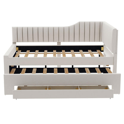 Merax Full Size Upholstered Wood Daybed Extendable Sofa Bed with Trundle and Three Storage Drawers for Living Room Guest Room, Beige