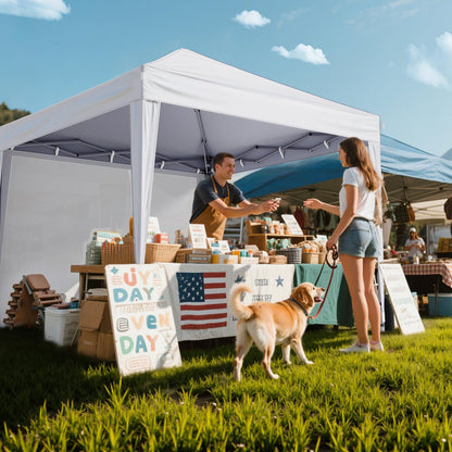 Driftalia 10x10 Pop Up Canopy with Sidewalls, Outdoor Instant Canopy Tent with Carry Bag for Commercial Events, Camping, Backyard Parties - White