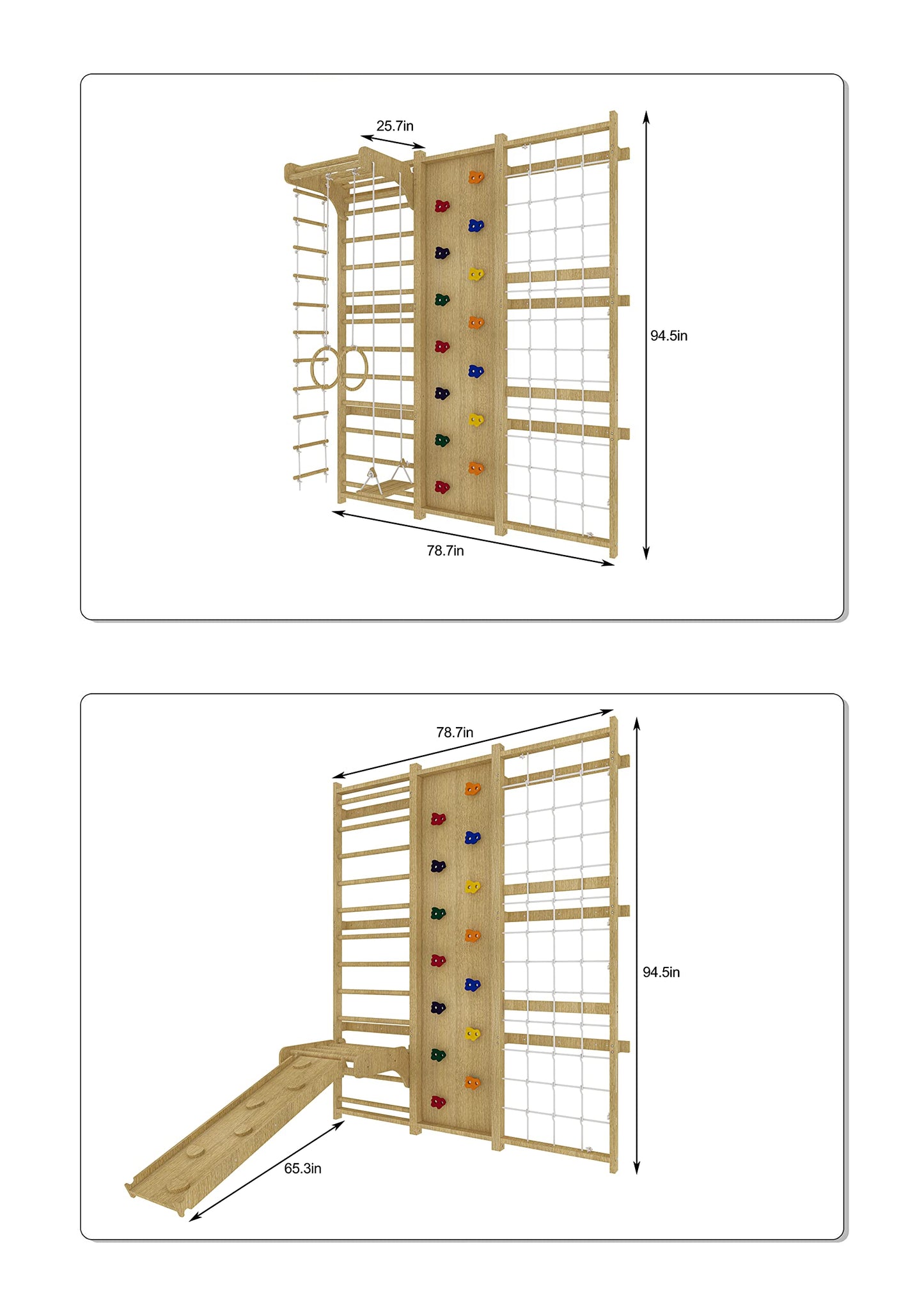 Avenlur Walnut 9-in-1 Swedish Ladder Wall Gym Set - 94.5 Inches - Trapeze Swing, Rope Ladder, Rock Wall, Rope Wall, Rock Ramp Climber, Slide, Pull-up Bar, Ladder and Swing