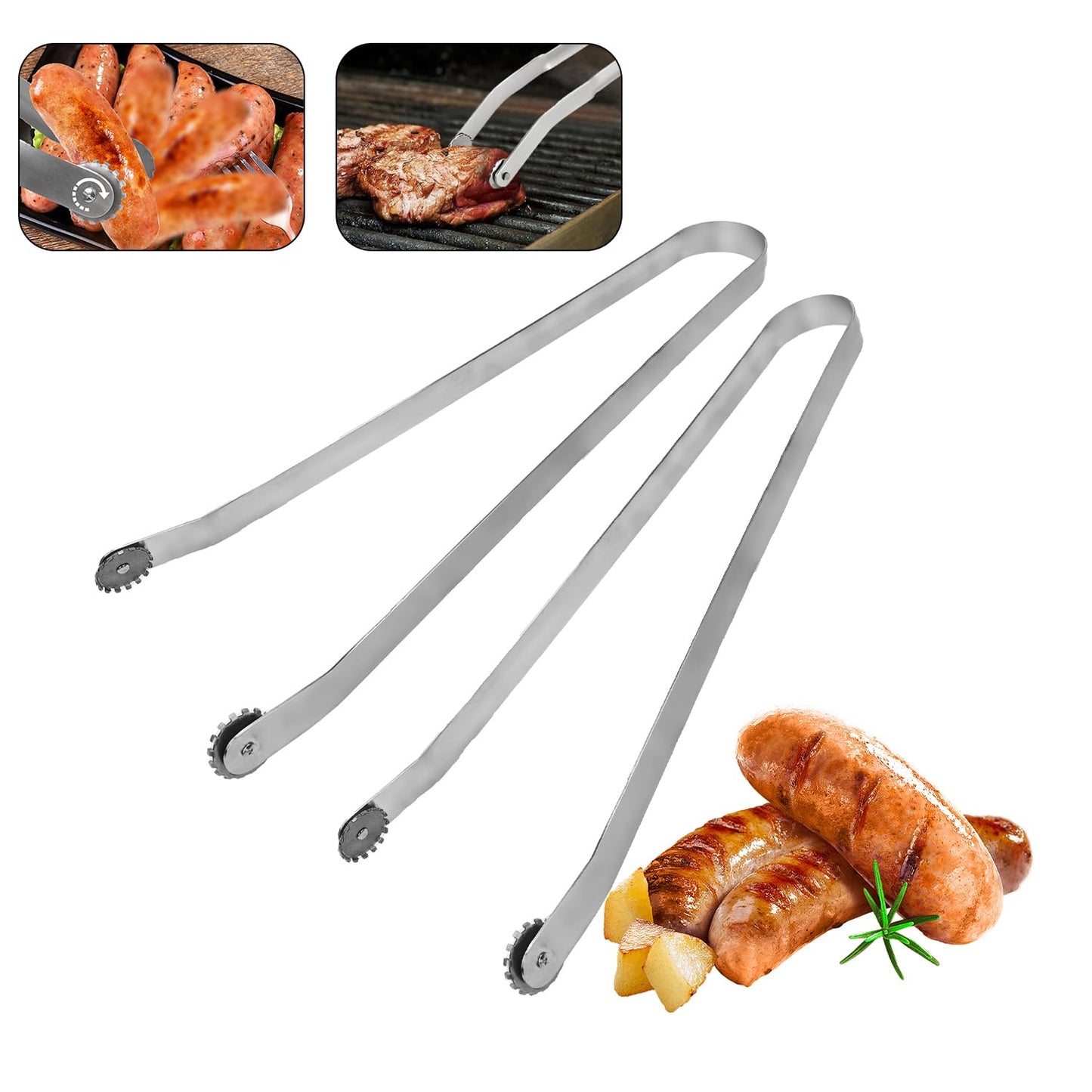 2PCS Kitchen Tongs BBQ, Non-Stick Metal Tongs for Cooking, Heavy Duty Stainless Steel Meat Tongs for Flip Bacon Steak Meat Sausage Vegetables