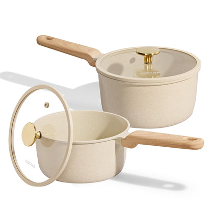 CAROTE 1.5Qt & 2.5Qt Sauce Pan Sets with Lid Ceramic Nonstick Pot Set Non Toxic Saucepan with Stay-cool Handle Small Kitchen Cooking Pots, Easy to Clean, Induction Comptable, PFOA FREE