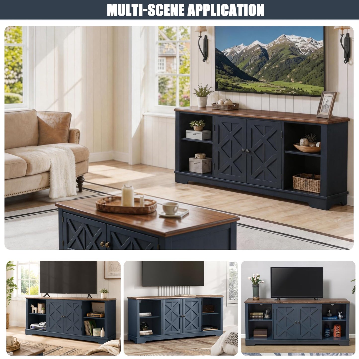 LIVILAND Rustic TV Stand for 70 Inch TV, Entertainment Center with Storage Cabinets and Adjustable Shelves, Farmhouse Media Console Table for Living Room, Bedroom (Navy)