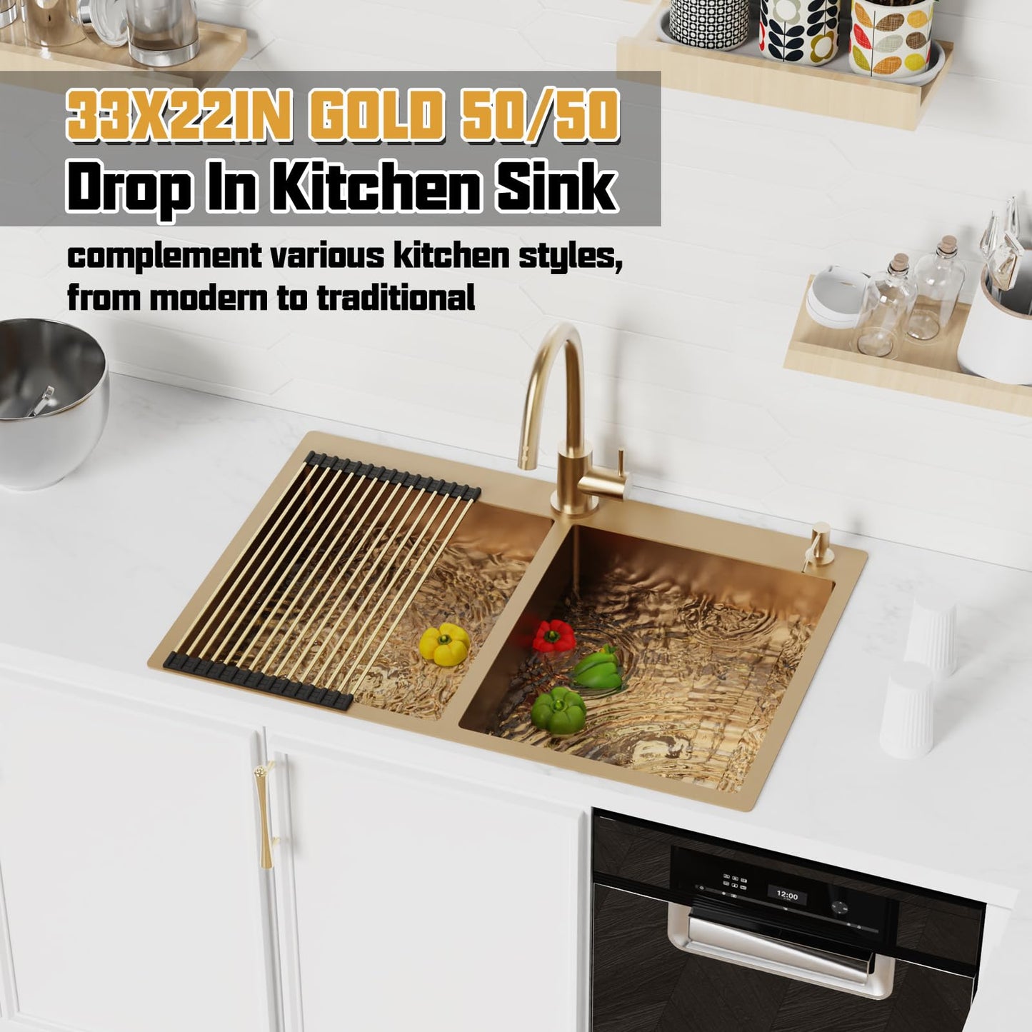 Gold 50/50 Double Bowl Kitchen Sink, 33"x 22" Stainless Steel Drop In Kitchen Sink Gold Topmount Sink With Gold-tone Accessories-Rack,Grid And Drain Assembly Add Luxurious Look For Modern Kitchen