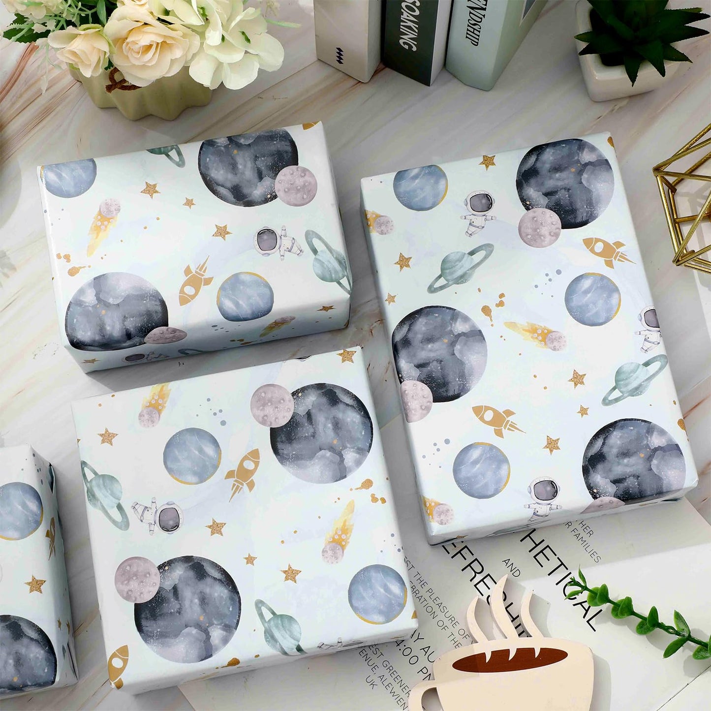 JarThenaAMCS Outer Space Wrapping Paper -Mini Roll- 17In x 32.8Ft First Trip Around The Sun Wrap Paper Watercolor Galaxy Star Craft Papers For Baby Shower Boy Birthday Party Gift Packing Supplies
