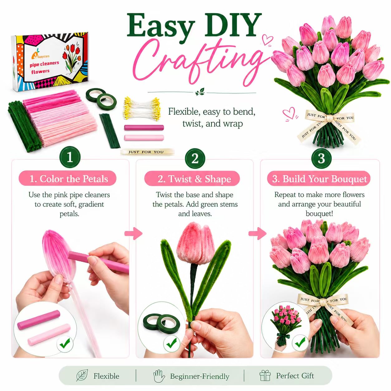 Quaystars 400Pcs Pipe Cleaners Crafts Bulk,Pipe Cleaner Flower Kit,Arts and Crafts for Adults (Green,Pink)