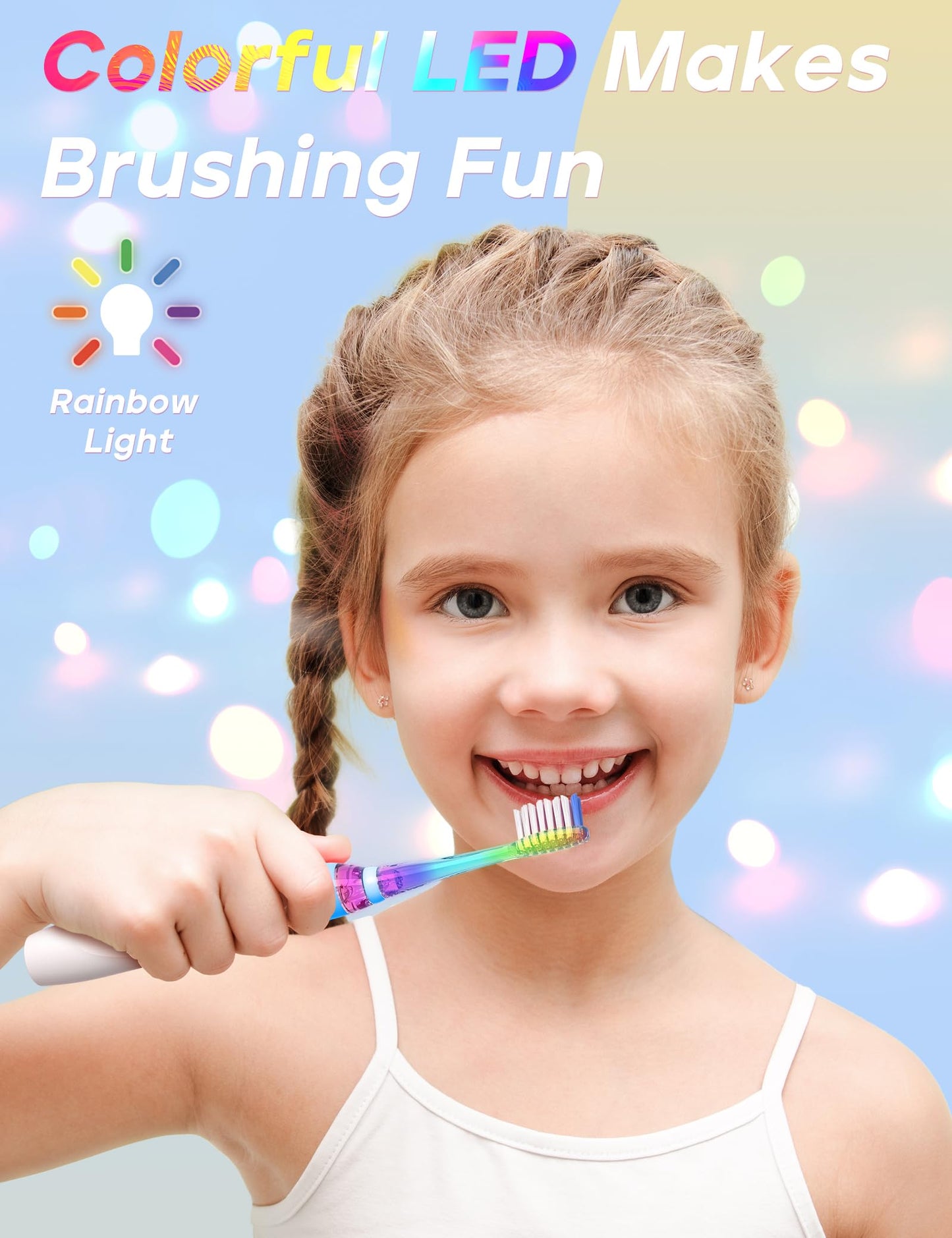 SEAGO Kids Electric Toothbrush with 2 Mins Brushing Timer and 8 Replacement Bursh Heads,Rainbow LED Light Make Brushing Fun, Pink Color Girls Battery Powerd Toothbrush for 4-12 Years Old