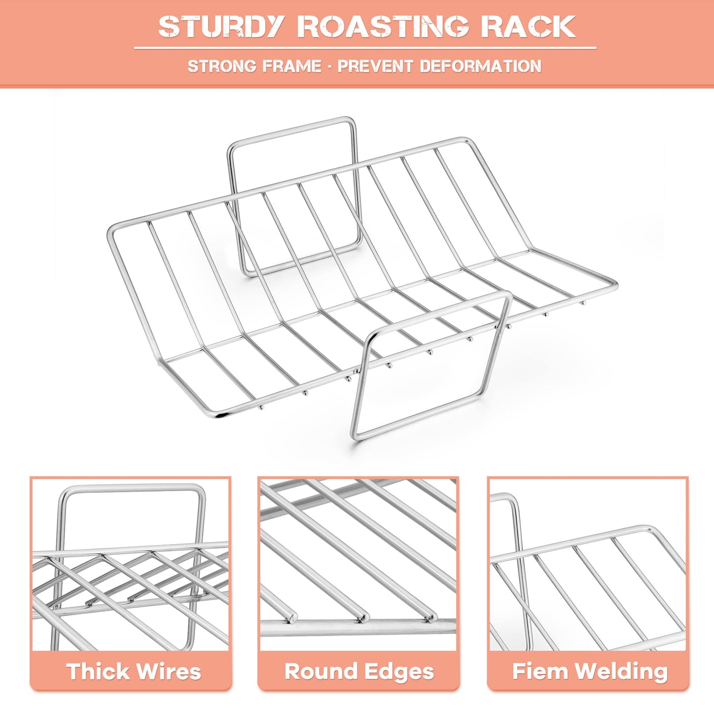 Leonyo Large Turkey Roasting Pan with V-shaped Rack, Rectangular 16 x 11.5 Inch Stainless Steel Turkey Roaster Pan with Rack Heavy Duty for Chicken Lasagna Vegetables Brownie, Dishwasher Safe, 2Pcs